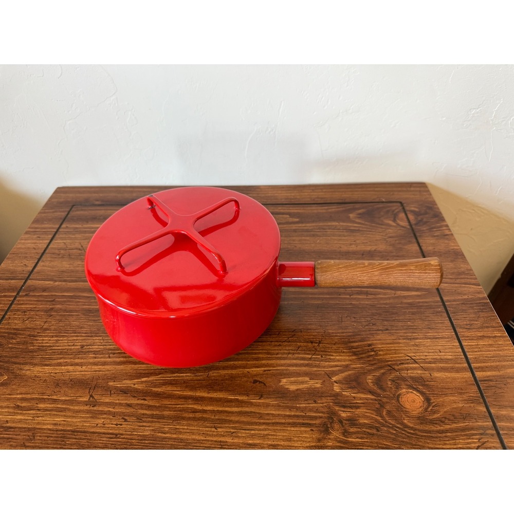 Dansk Kobenstyle Red Enamel Saucepan Jens Quistgaard Teak Handle Lid Trivet - Picture 2 of 14